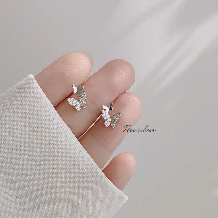 Khuyên tai bạc nữ TLEE cánh bướm đôi nạm đá xinh xắn TleeJewelry B0160