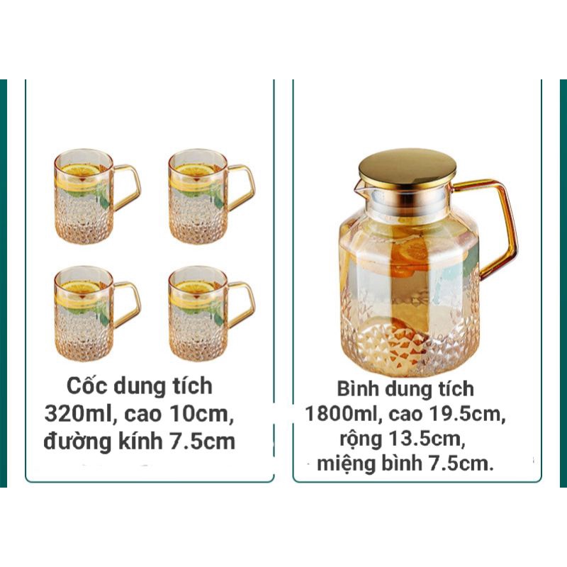 Combo 1 bình 4 cốc thủy tinh brosilicate chịu nhiệt dung tích lớn 1.8L