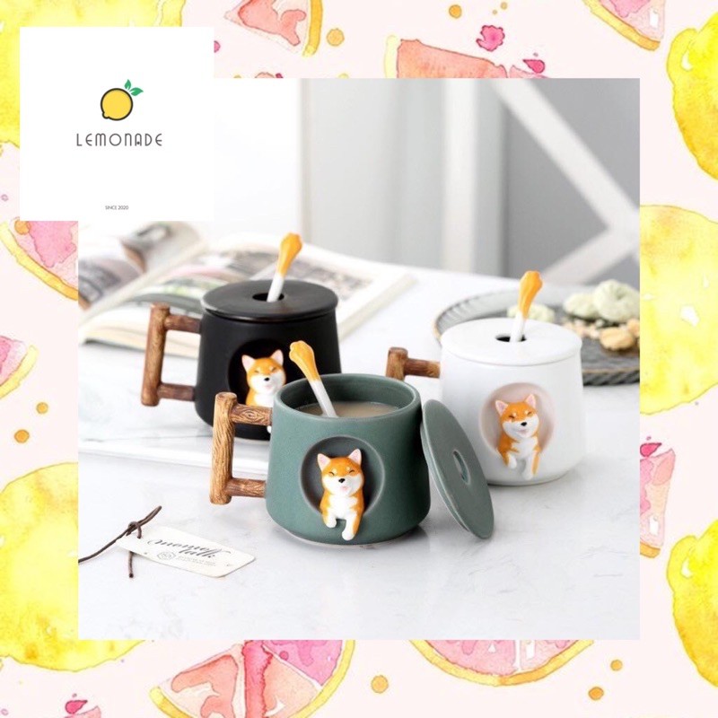 Ly Cốc Sứ Chú Chó Shiba Inu Hóng Hớt Quai Giả Gỗ Kèm Muỗng Thìa BN027