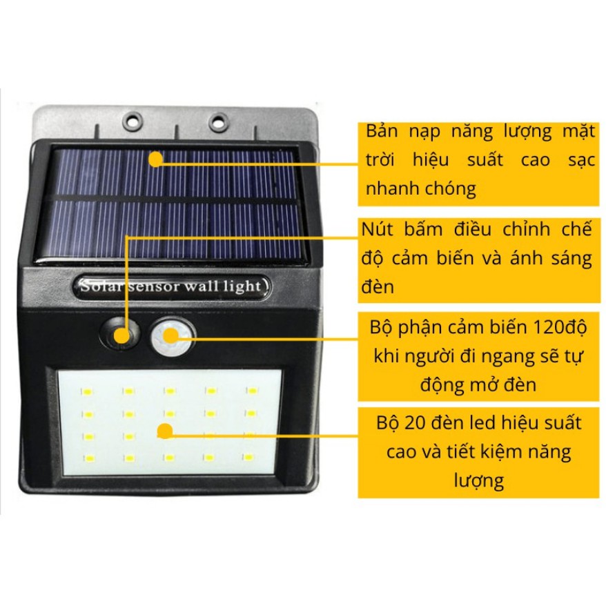 Đèn led cảm biến hồng ngoại năng lượng mặt trời Solar sensor Wall light siêu sáng tự động 3 chế độ sáng