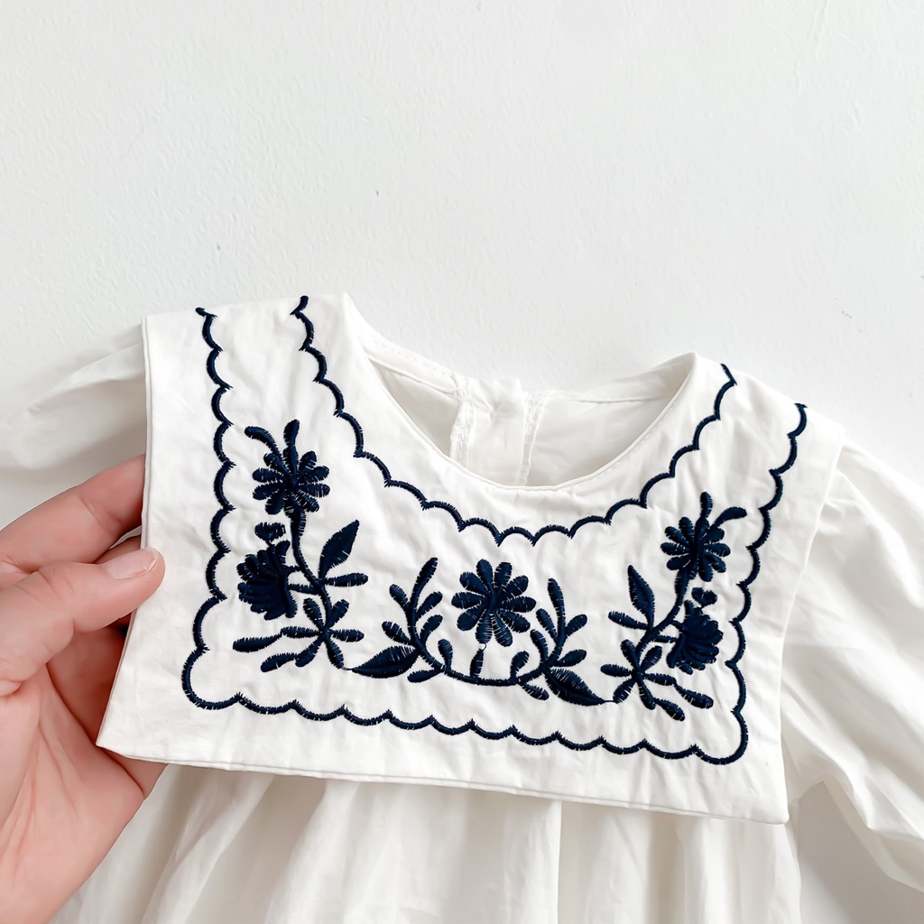 Áo liền quần cotton tay dài màu trắng/ navy họa tiết thêu cho bé gái 0-24 tháng tuổi