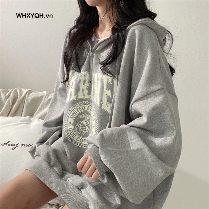 Áo Khoác Hoodie Dáng Rộng Phối Khóa Kéo Thời Trang Mới Cho Nữ