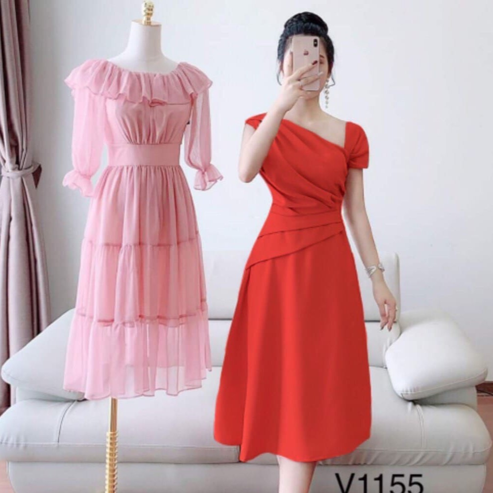 Đầm Xếp Ly Lệch Vai Phong Cách Quyến Rũ Vải Umi Co Dãn Sợi Tơ Sống