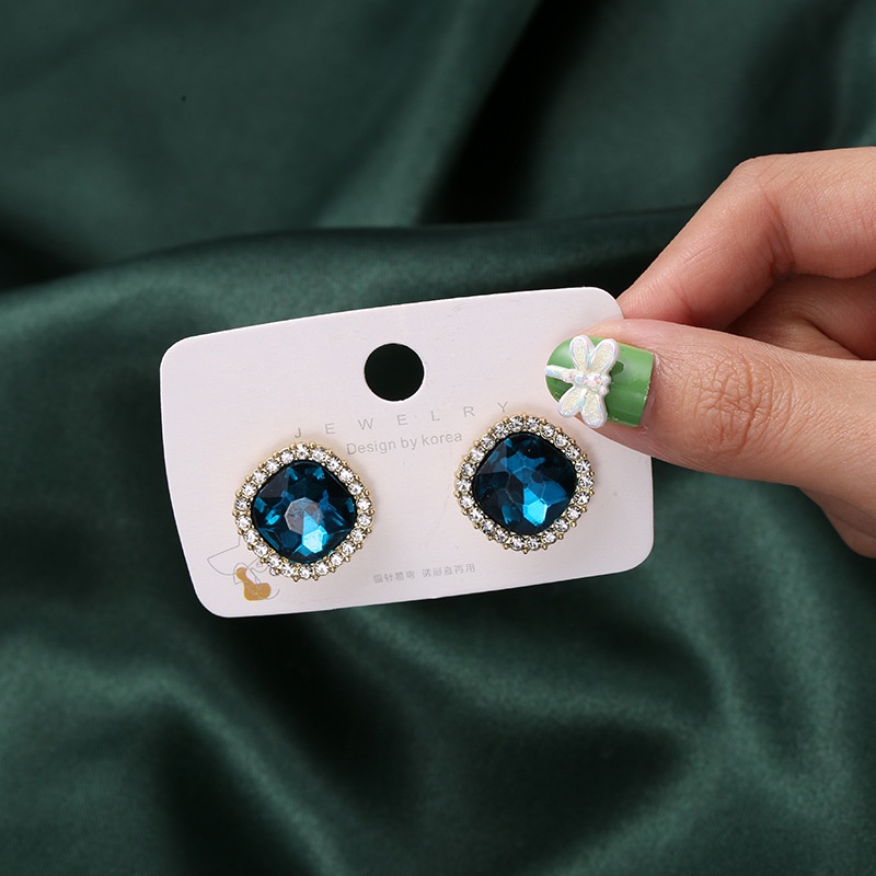Khuyên Tai Hình Vuông Đính Đá Pha Lê Xanh Dương Đơn Giản Phong Cách Hàn Quốc