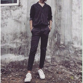 Áo somi sọc cổ vest - tay dài - màu đen