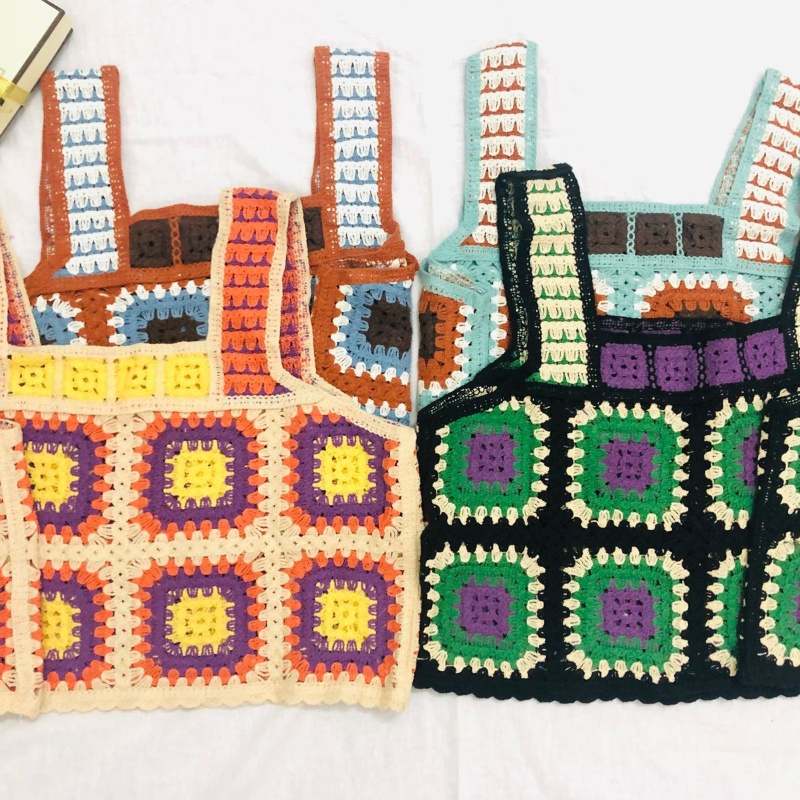 Áo Croptop Dệt Kim Không Tay Phong Cách Boho Nhiều Màu Sắc Dành Cho Nữ