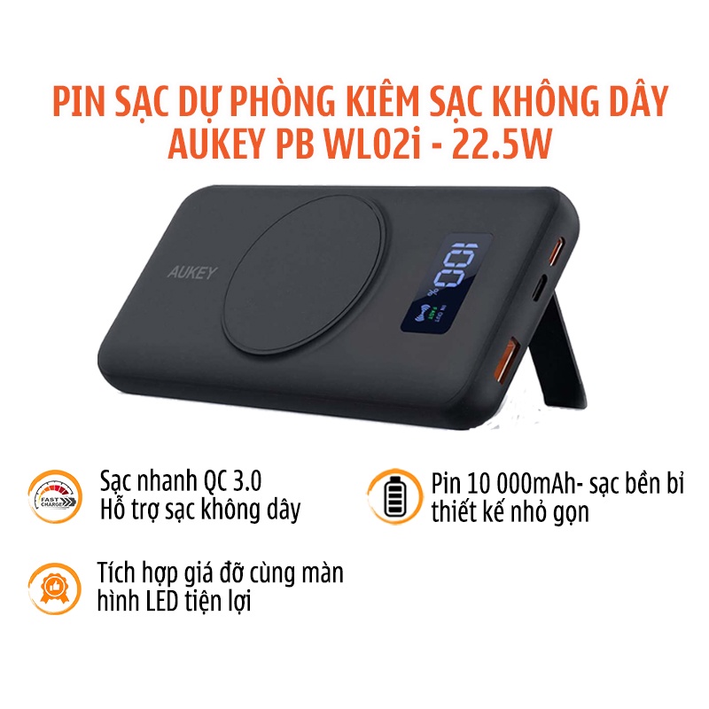 Pin Sạc Dự Phòng Kiêm Sạc Không Dây Aukey 10000MAH PB-WL02i Tổng Công Xuất 22.5W - Hàng Chính Hãng - Bảo Hành 18 Tháng