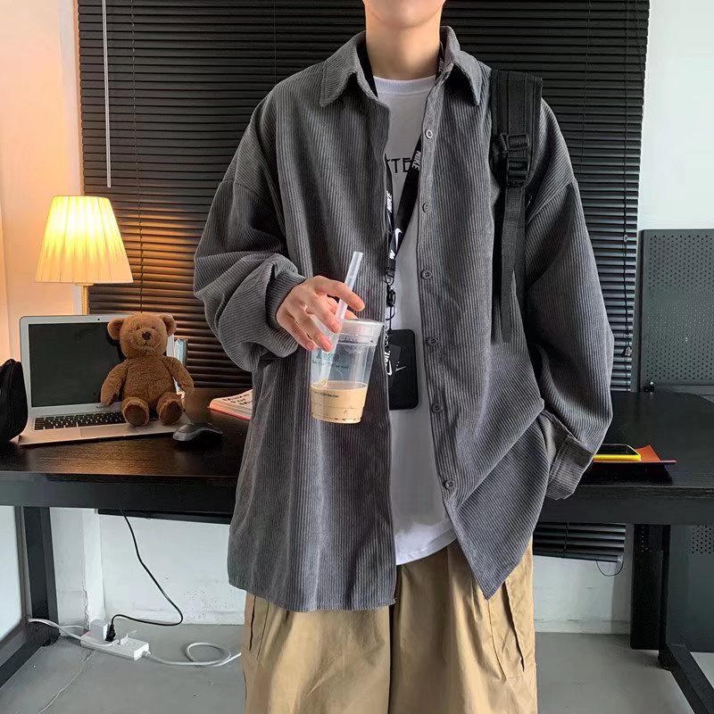Áo Khoác Nam Dài Tay áo sơ mi nam Cổ Bẻ áo sơ mi nữ Thời Trang Hàn áo sơ mi nhung tăm nam phong cách Hàn Quốc sơ mi nữ form rộng