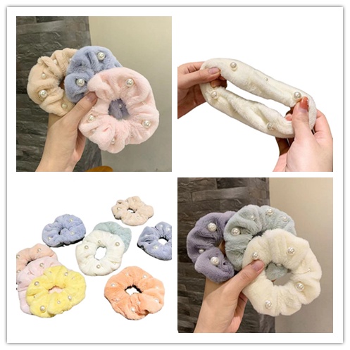 1 Dây Buộc Tóc Lông Nhung Mềm Mại Co Giãn Đính Ngọc Trai Dễ Thương Dành Cho Bé Gái