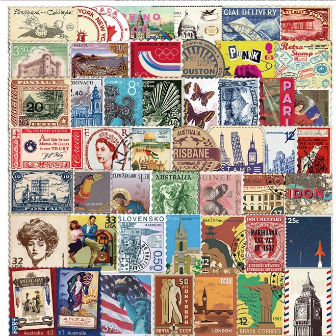 Combo Sticker TEM BƯU ĐIỆN VINTAGE nhựa PVC không thấm nước, dán nón bảo hiểm, laptop, điện thoại, Vali, xe