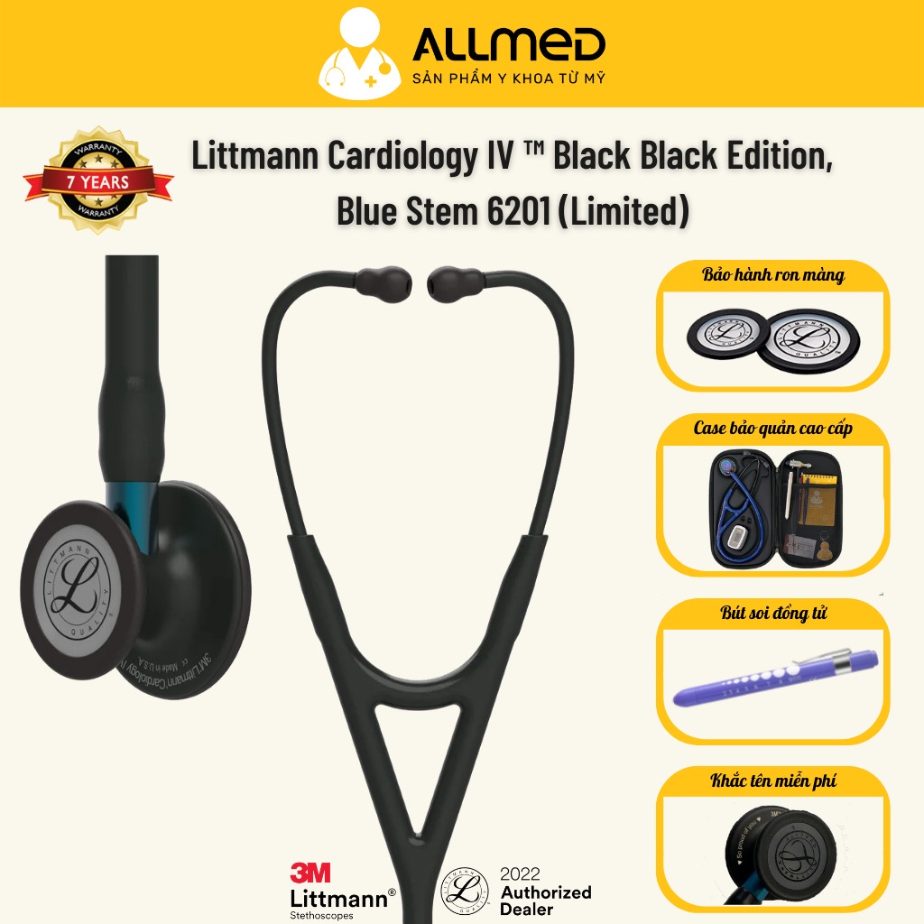 Ống nghe Littmann® Cardiology IV ™ màu Black Edition, phần nối màu xanh, mã 6201, chính hãng 3M Mỹ