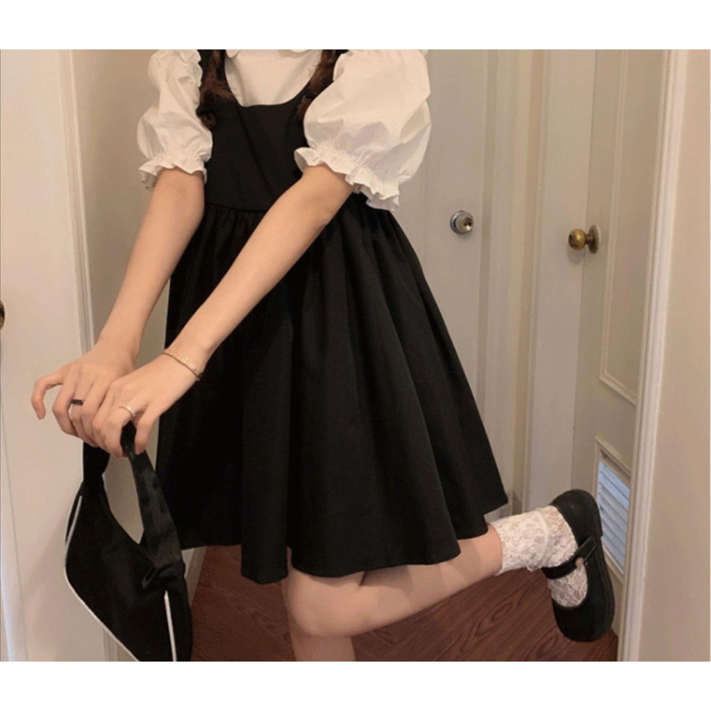 Set Áo Sơ Mi Trắng Tay Bồng Bèo Nhẹ Và Váy Yếm Babydoll Xếp Ly Nhẹ Cực Xinh - S.041 | BigBuy360 - bigbuy360.vn