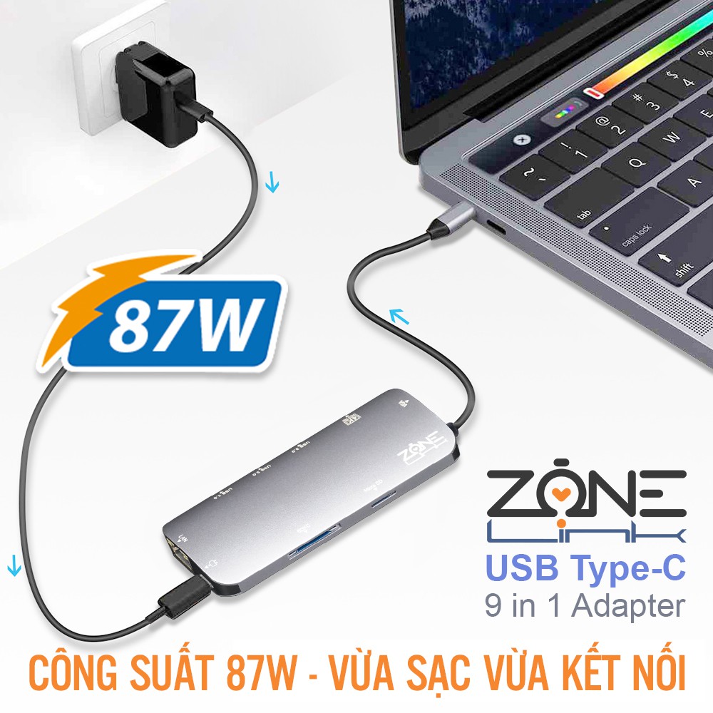 [Mã ELMSBC giảm 8% đơn 300K] Cổng chuyển đổi USB TYpe C ZONELINK Z9IN1 (Type C to HDMI, USB, HDMI, SD, LAN)