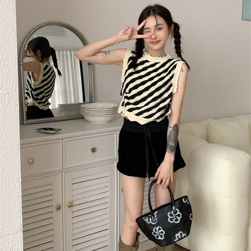 Áo Dệt Kim Sát Nách Kẻ Sọc Thời Trang Ngọt Ngào Cho Nữ