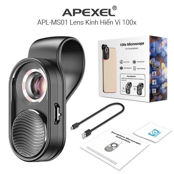 Apexel 100X lens, ống kính hiển vi siêu macro cho điện thoại thông minh - Có đèn LED