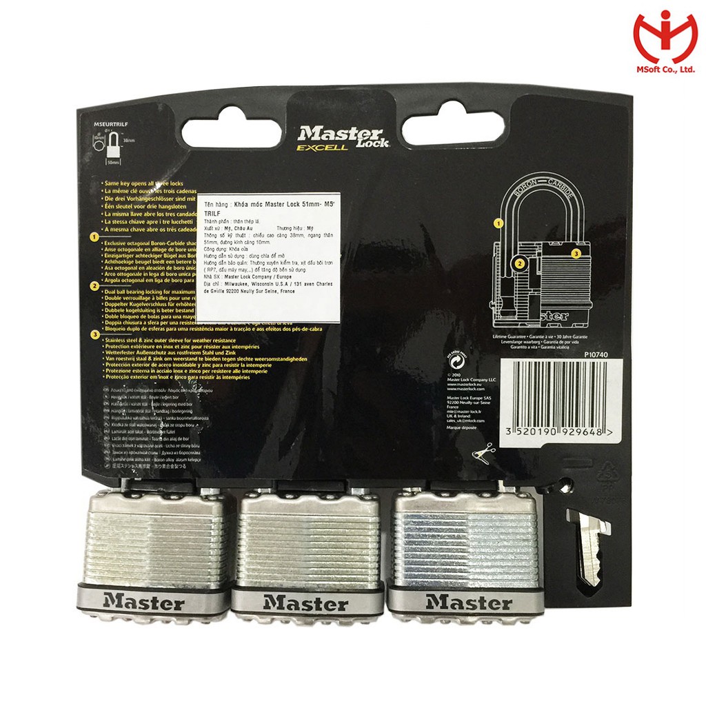 [Q5.HCM] Bộ 3 ổ khóa Master Lock M5TRILF rộng 50mm càng dài 38mm dùng chung 4 chìa - MSOFT