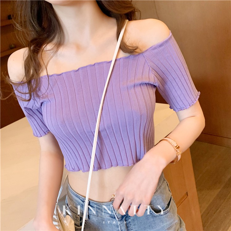 Áo trễ vai ulzzang tay lỡ, Dáng croptop ôm body chất len tăm co dãn nhẹ phong cách C09 Hàn Quốc