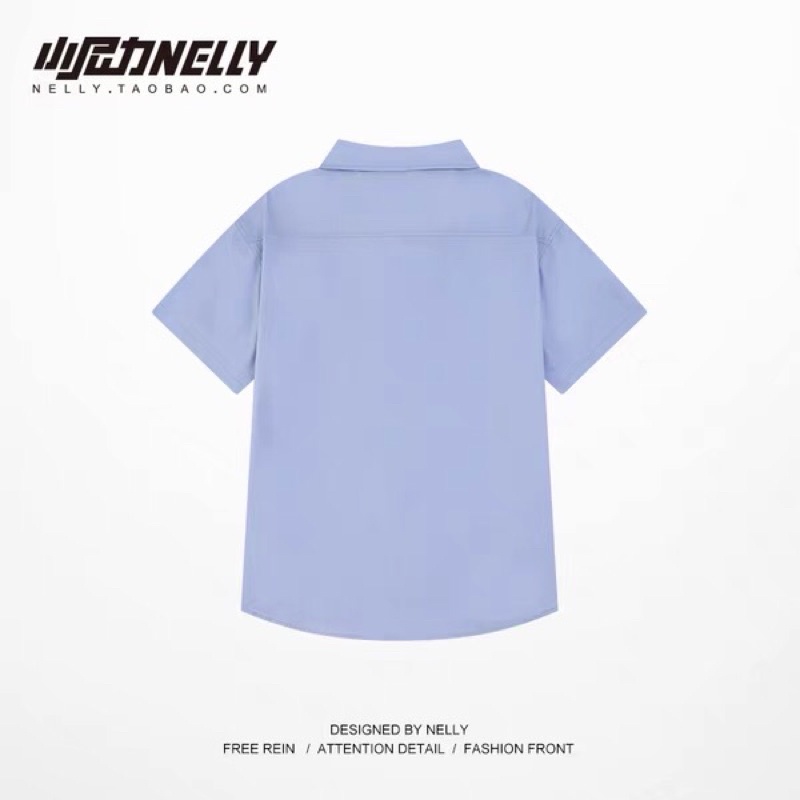 Áo sơ mi nelly sale (có sẵn) xanh biển cúc trắng túi trái trơn