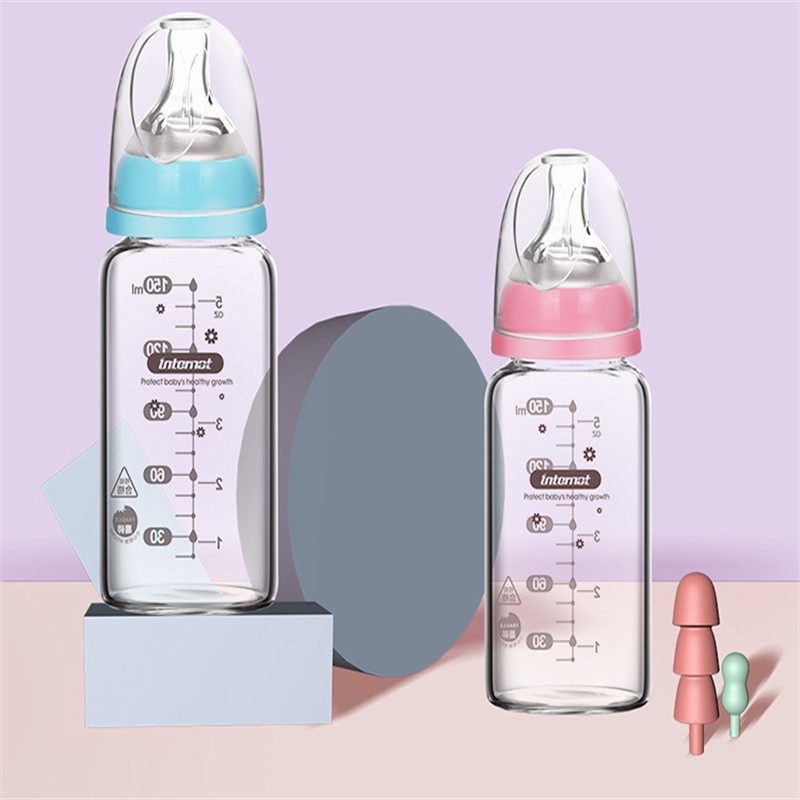 Bình Sữa Thủy Tinh Silicon 150ml Chống Đầy Hơi Chống Ăn Mòn Cho Bé Kính