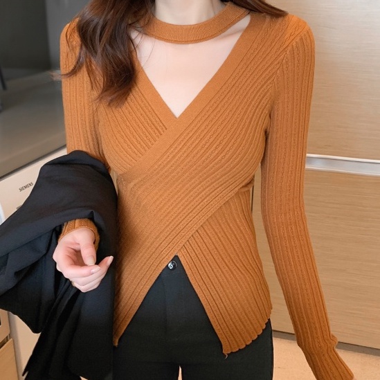 【ZHELIHANGFEI】Áo Dệt Kim Tay Dài Thiết Kế Cổ Chữ V Quyến Rũ