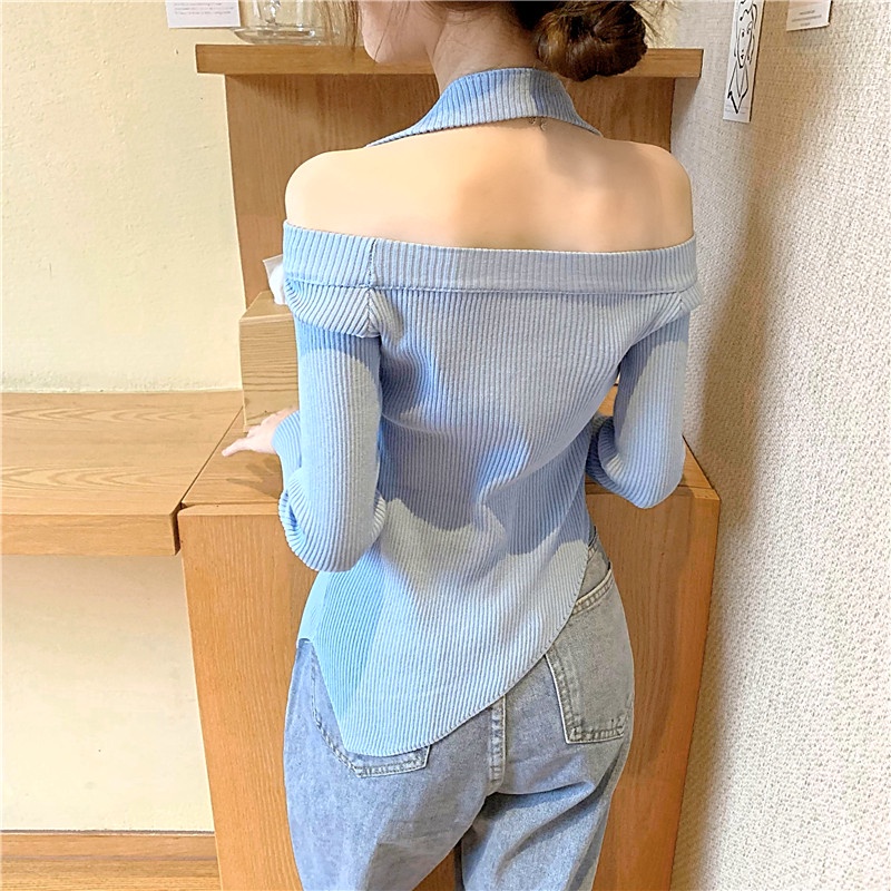SUXI Áo croptop dệt kim tay dài hở vai ôm dáng phong cách Hàn Quốc cho nữ