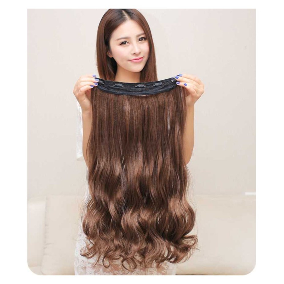 Tóc giả xoăn sóng kẹp dài 60cm 5 phím kẹp loại mỏng nhẹ, màu tự nhiên, Tóc giả sợi nilon kẹp nửa đầu làm dày tóc