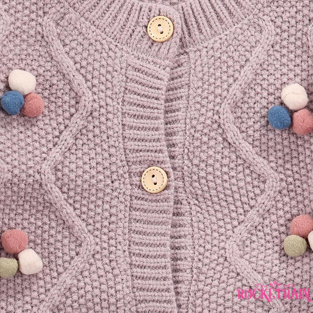 Áo khoác cardigan dệt kim tay dài đính quả bông thời trang mùa thu cho bé gái