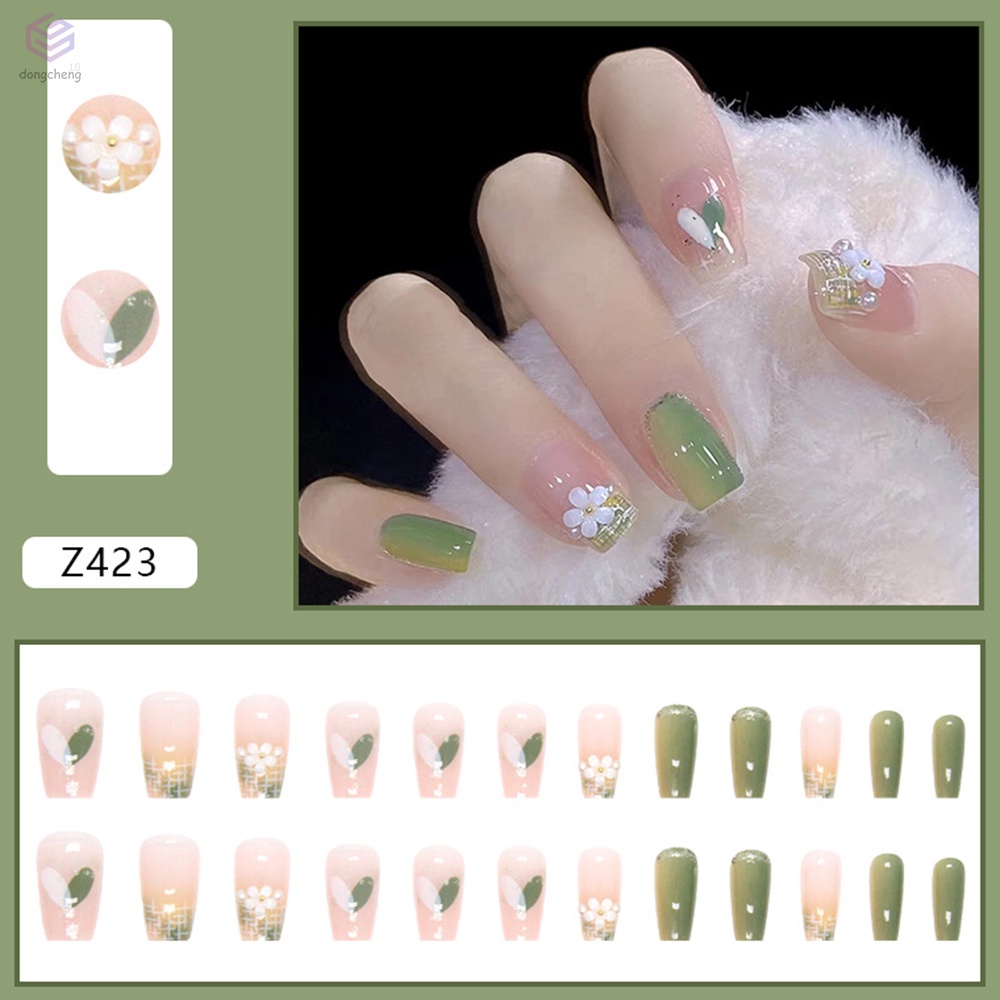 Bộ Móng Tay Giả Họa Tiết Trái Tim Màu Hồng / Xanh Lá Cho Nữ