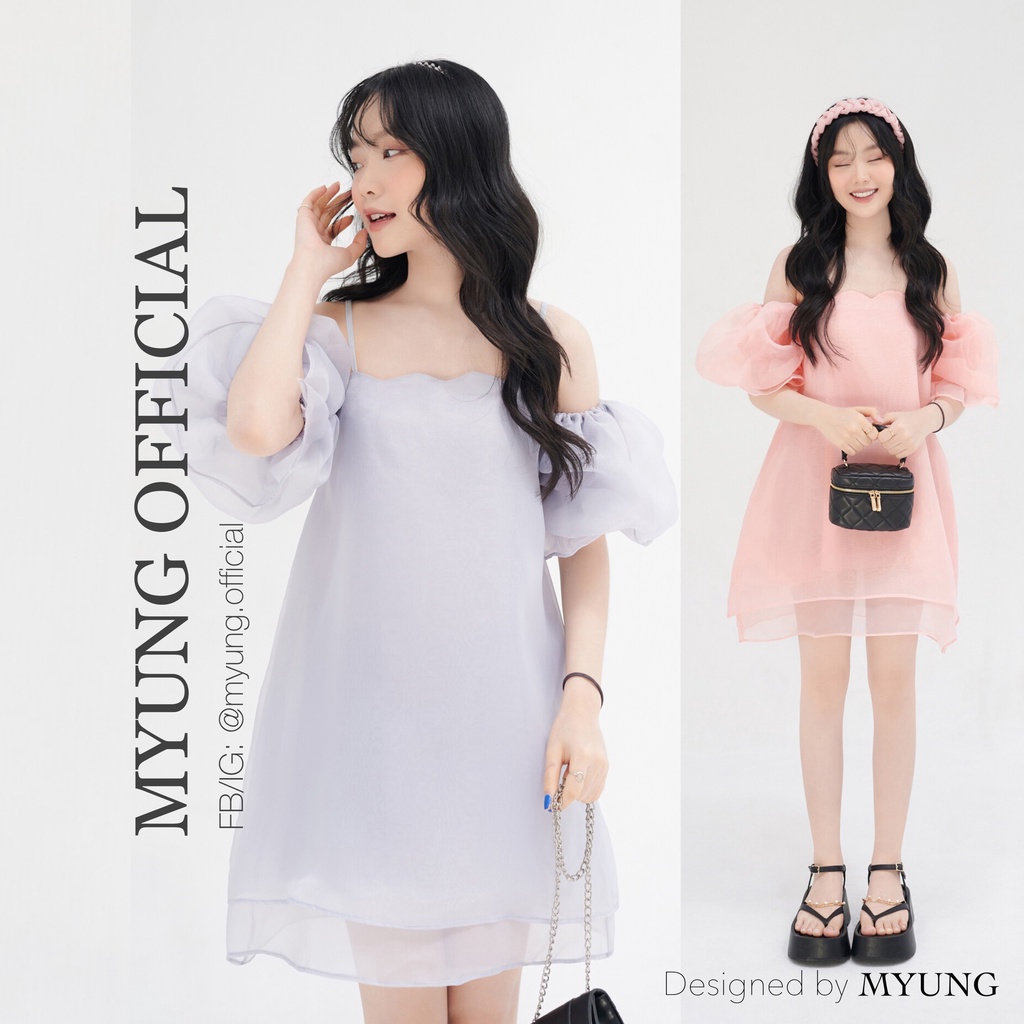 MYUNG - Đầm trễ vai tay bồng Hồng/ Xanh vải organza - BYLA DRESS