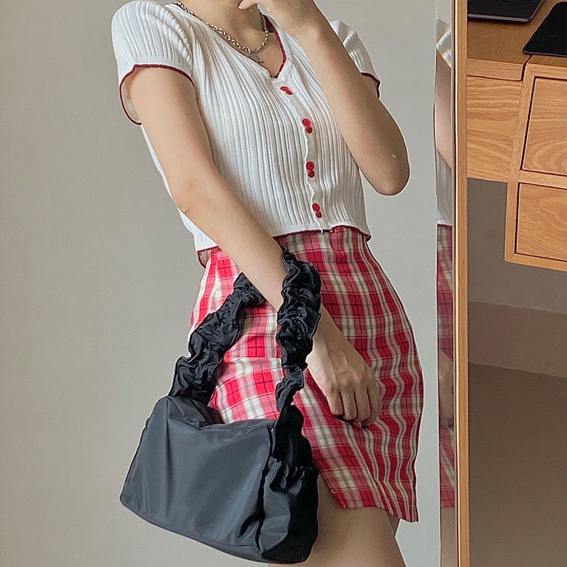 Túi xách IELGY đeo vai / xách tay bằng nylon màu trơn kiểu dáng xếp nếp cổ điển đơn giản cho nữ