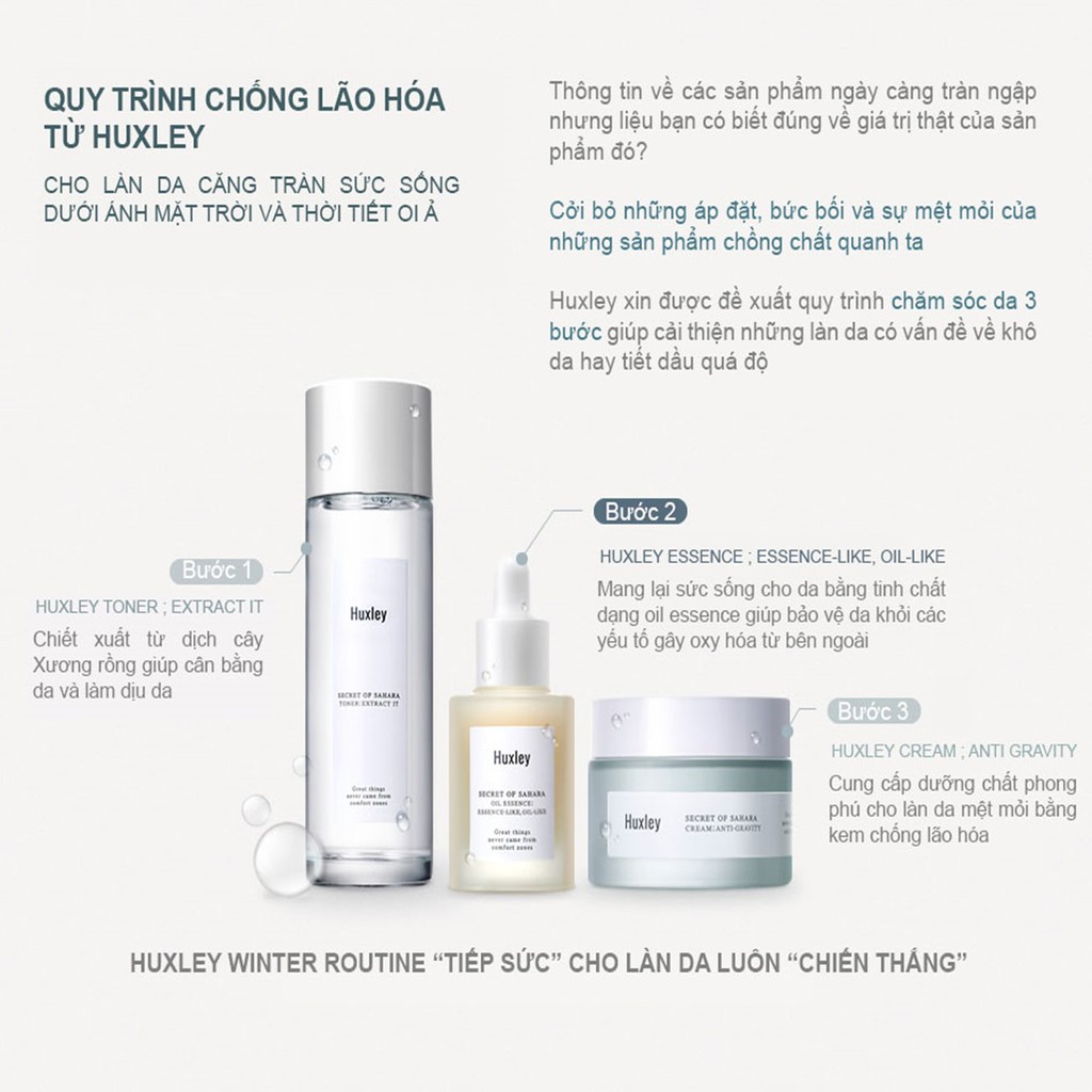 Bộ 3 Sản Phẩm Chống Lão Hóa Da Huxley Mini (Toner - Serum Oil Like - Anti Gravity Cream)