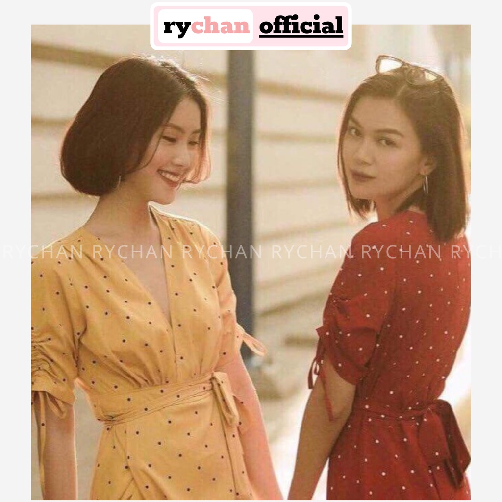 DM693 - Đầm Maxi Chấm Bi Cổ V Xẻ Đùi Tay Ngắn Rút Dây Eo Thắt Nơ 2 Màu Vàng Đỏ