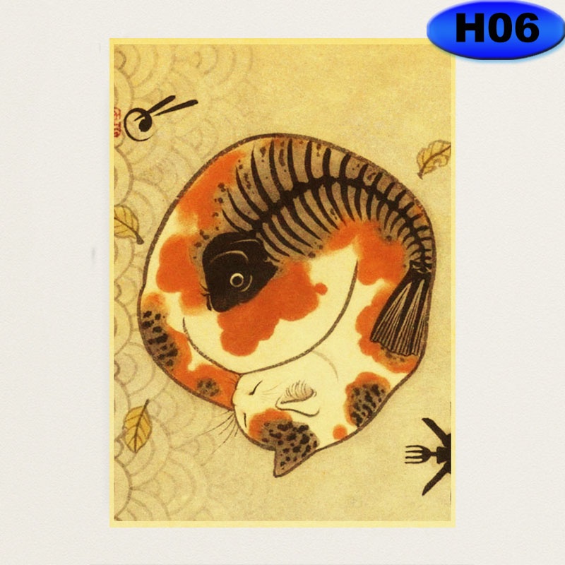 Poster Giấy kraft Treo Tường Trang Trí Hình Mèo samurai Nhật Bản Cổ Điển
