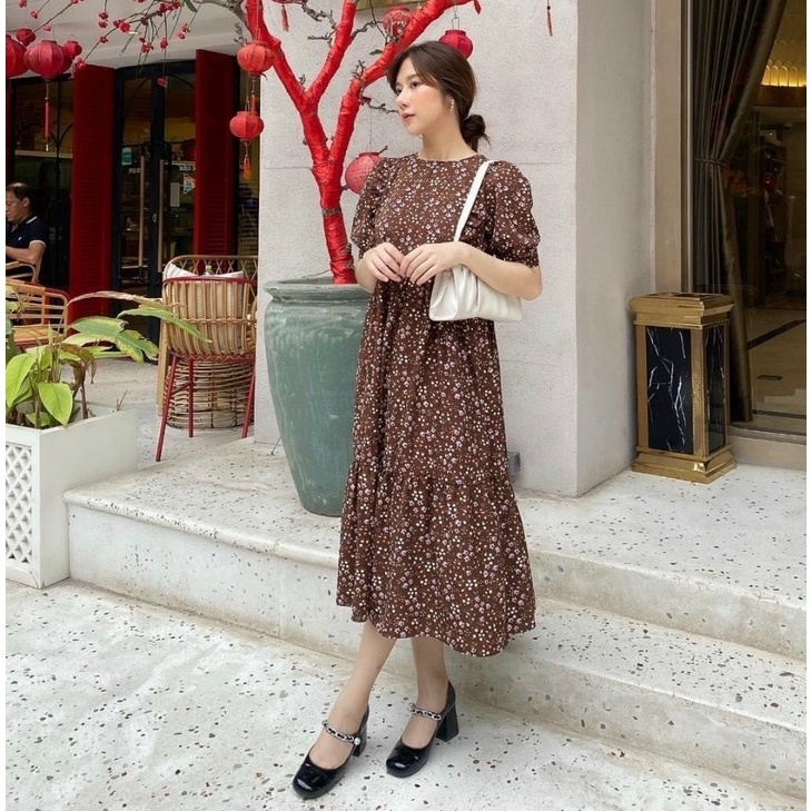 Váy bầu ngắn tay hoa nhí thời trang thiết kế M491 vải voan lụa Mom and Baby