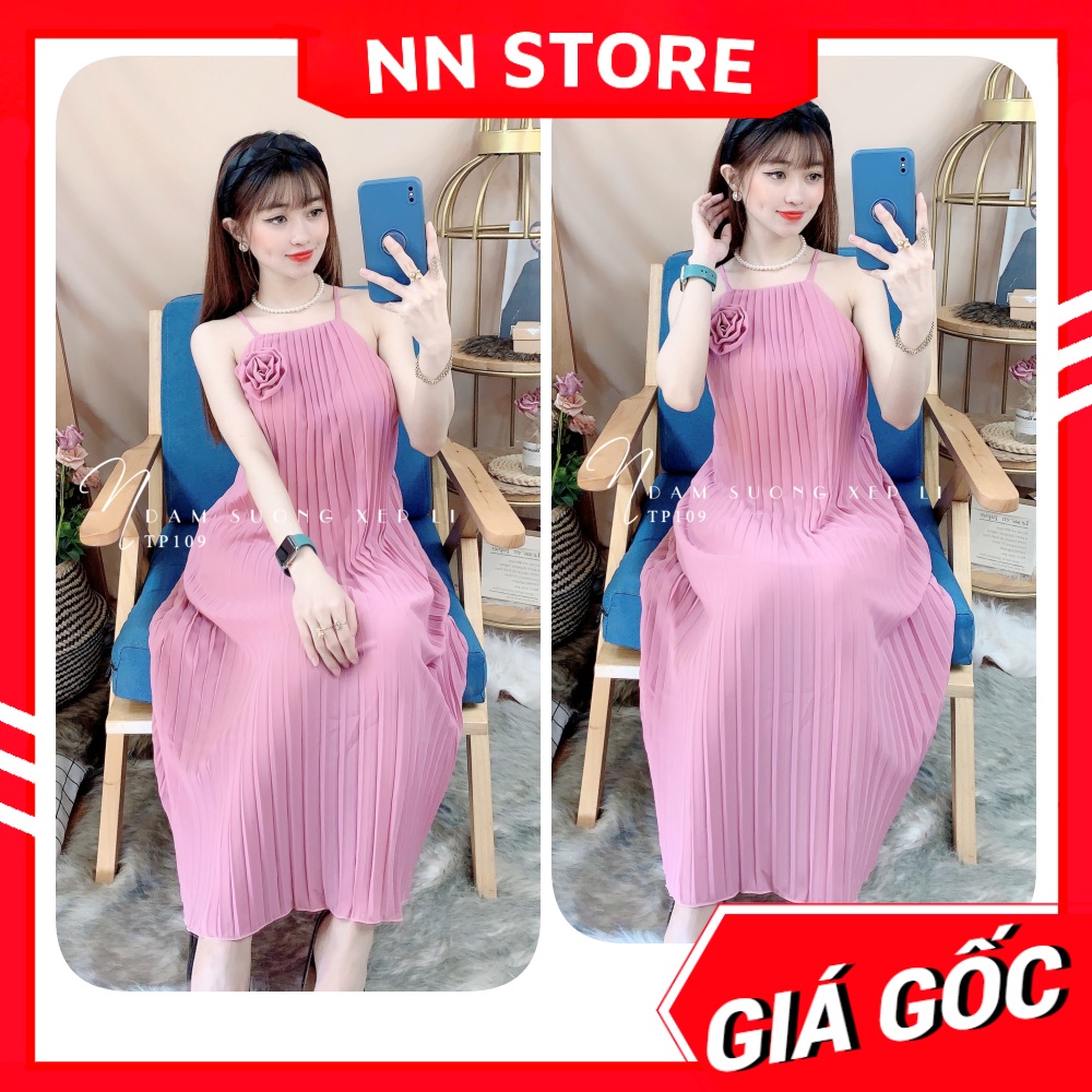 Đầm suông xếp li chất voan mềm mát cổ yếm phối hoa dễ thương Bầu bí bon chen thoải mái Đầm bầu TP109 TP117 TP118