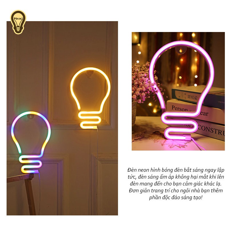 [TẶNG MÓC TREO ]Đèn Led Neon trang trí hình bóng đèn dùng pin hoặc USB -decor phòng học, quán cafe, phòng ngủ MOXI.