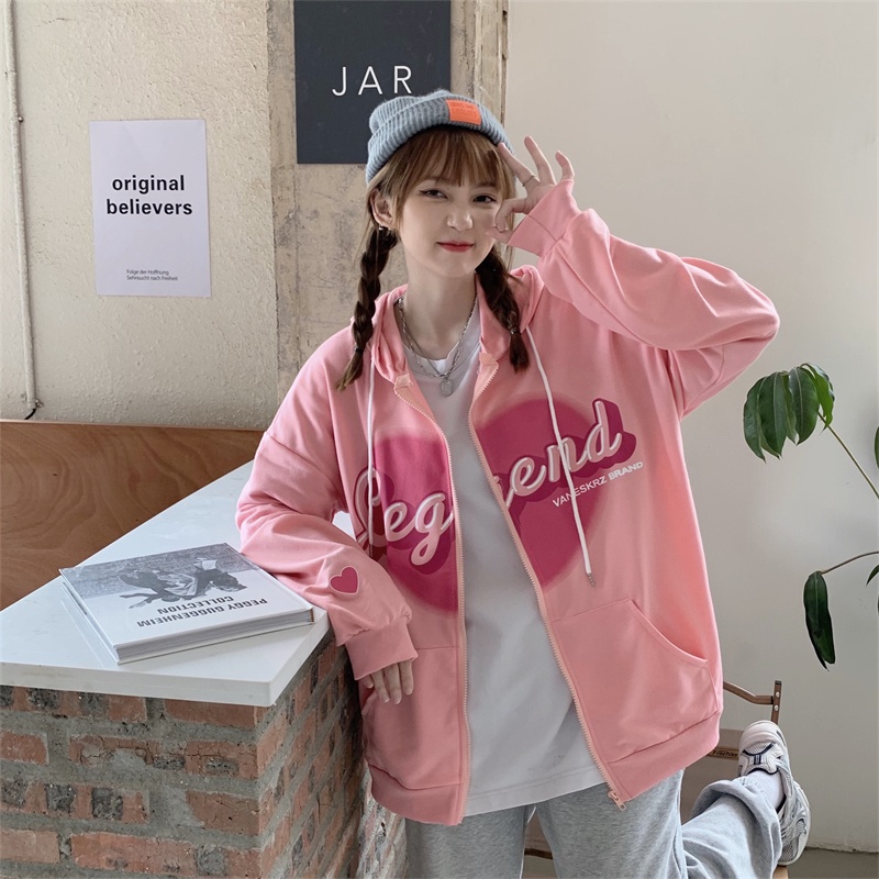 【ZHELIHANGFEI】Áo Hoodie Tay Dài Form Rộng Họa Tiết In Theo Phong Cách Preppy Dễ Phối Đồ