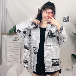 Áo sơ mi tay dài họa tiết tờ báo phong cách vintage