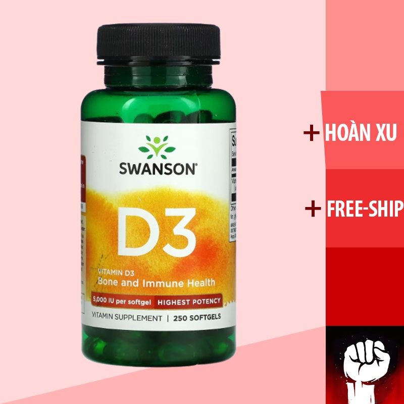 Vitamin D3 | Tăng sức đề kháng - Swanson Vitamin D3 5000IU 250 Viên - Hàng Mỹ - Muscle Fitness
