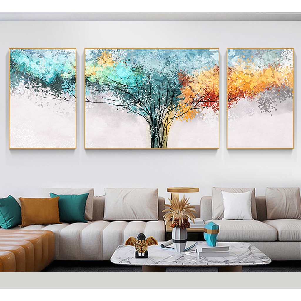 Bộ tranh decor phòng khách hiện đại cây sắc màu - tặng kèm phụ kiện treo tranh