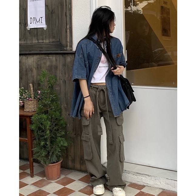 Áo sơ mi denim nữ ngắn tay mặc ngoài