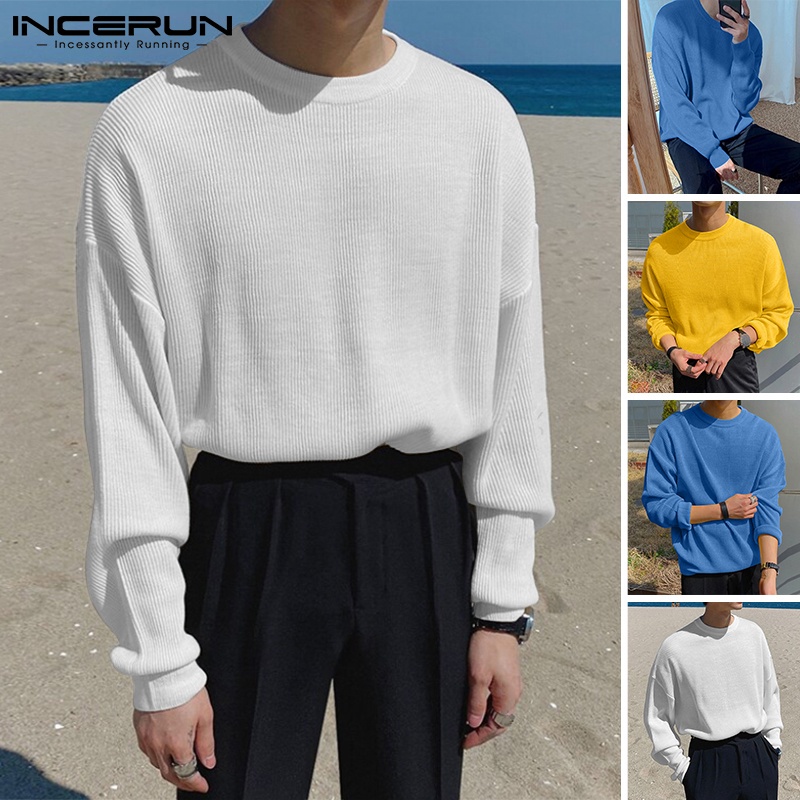 Áo thun chui đầu INCERUN tay dài màu trơn cổ tròn thường ngày cho nam