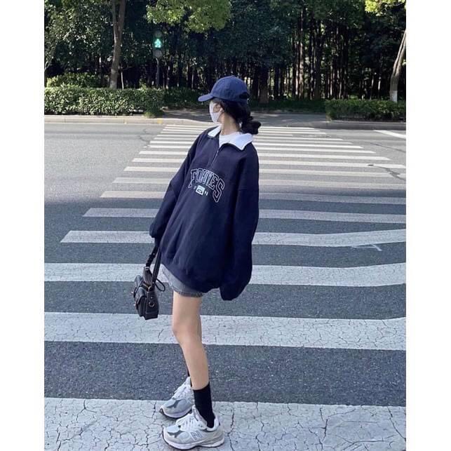 Áo Sweater Nỉ Cổ Khóa Chữ FORUYFS - Áo Thun Nữ Dài Tay Cổ Bẻ