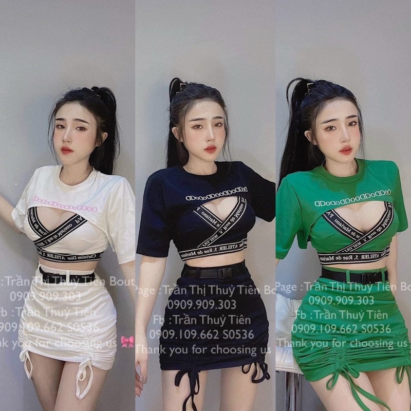 Set Bộ 3 Món Áo Dây Cổ V Viền Chữ Croptop Kèm Áo Thun Tay Lỡ Hở Ngực Kèm Chân Váy Rút Đùi Thun Thái Dày Dặn
