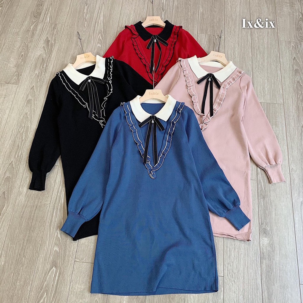 [Free ship] Đầm len phối nơ cổ bigsize (hàng 4 màu xanh,đỏ ,đen,hồng) hình thật