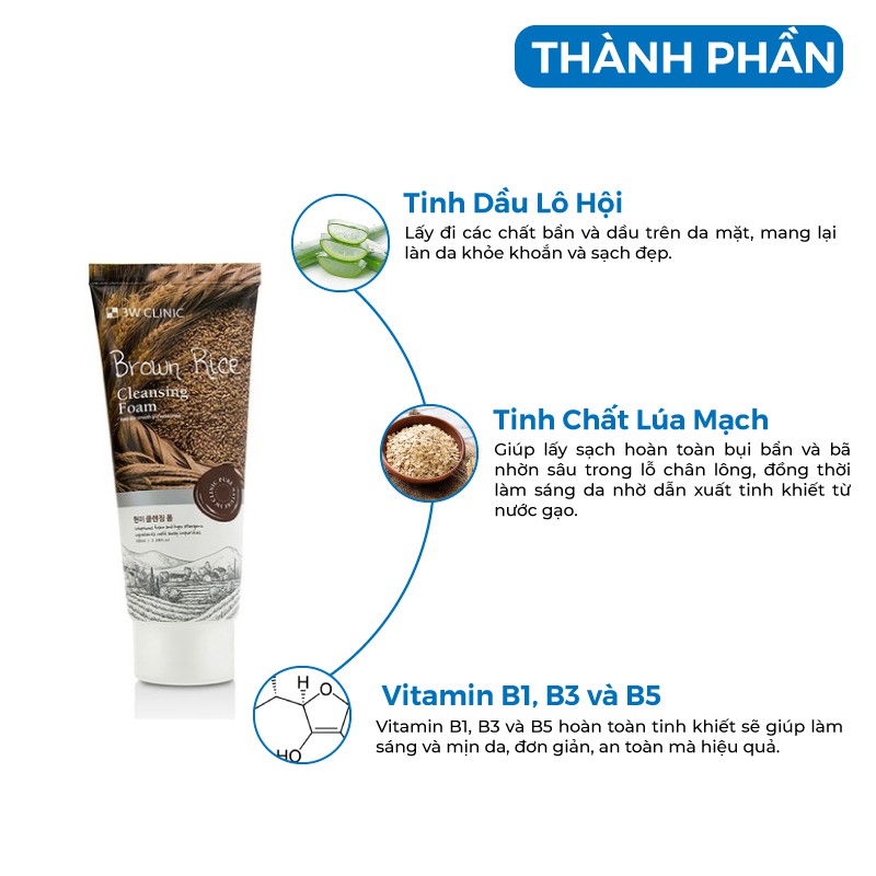 Sữa rửa mặt làm sạch sâu và sáng da chiết xuất từ lúa mạch 3W CLINIC BROWN RICE CLEANSING FOAM Hàn Quốc 100ml