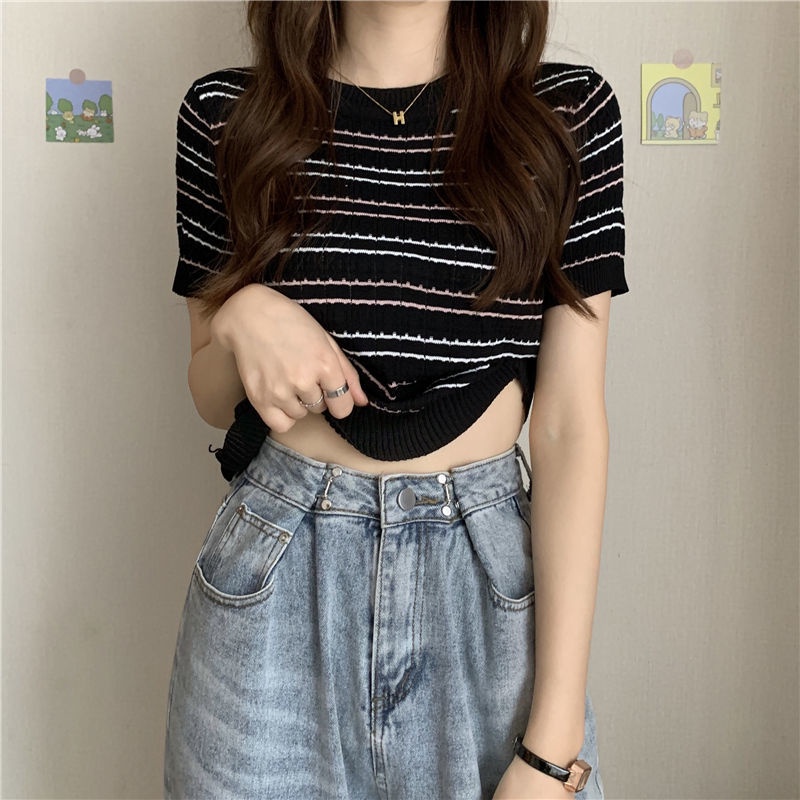 Áo thun IELGY dệt kim ngắn tay họa tiết kẻ sọc thời trang cho nữ