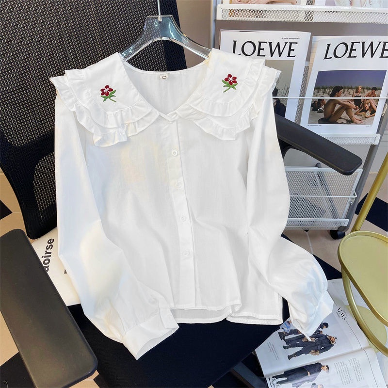 Áo Sơ Mi Tay Dài Dáng Rộng Cài Khuy Cổ Búp Bê Thêu Họa Tiết Màu Trơn Thoải Mái Thời