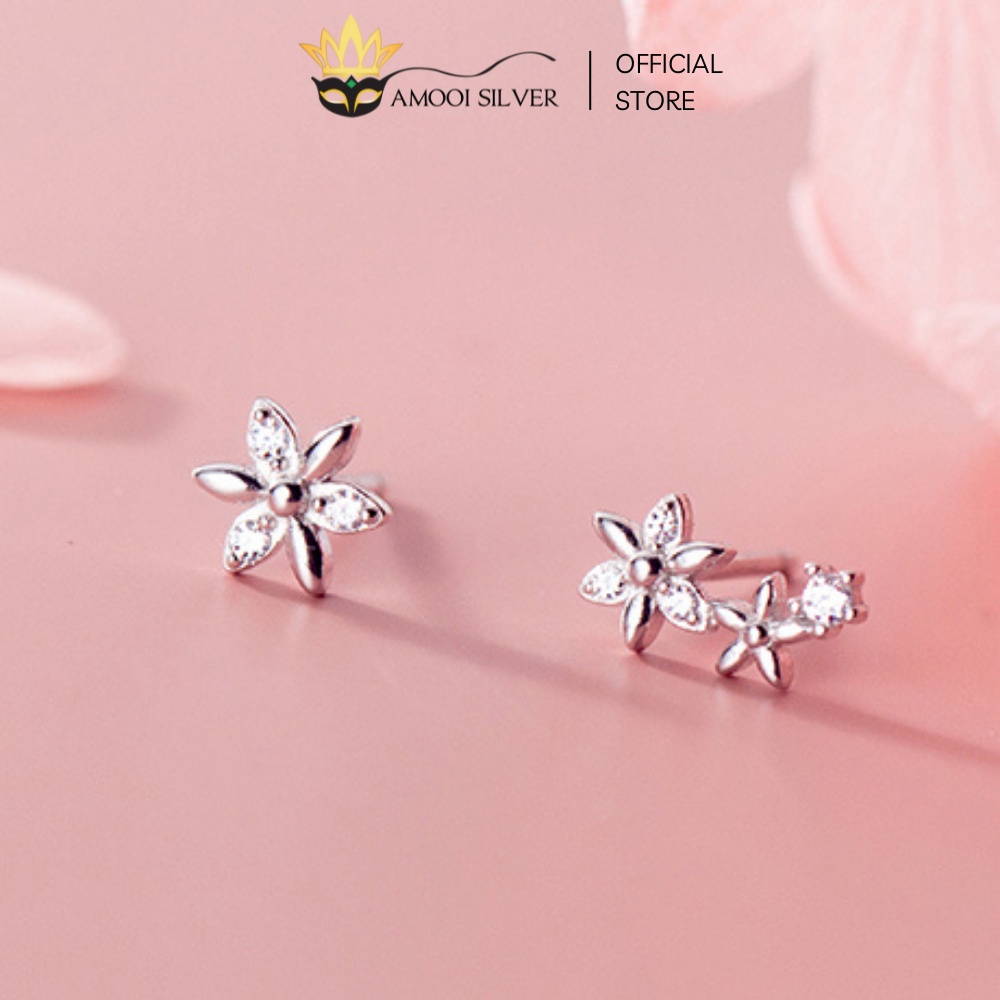 Bông Tai Bạc S925 Bất Đối Xứng Mẫu Hoa Nhí 1 Ngắn 1 Dài - Amooi Silver AB116