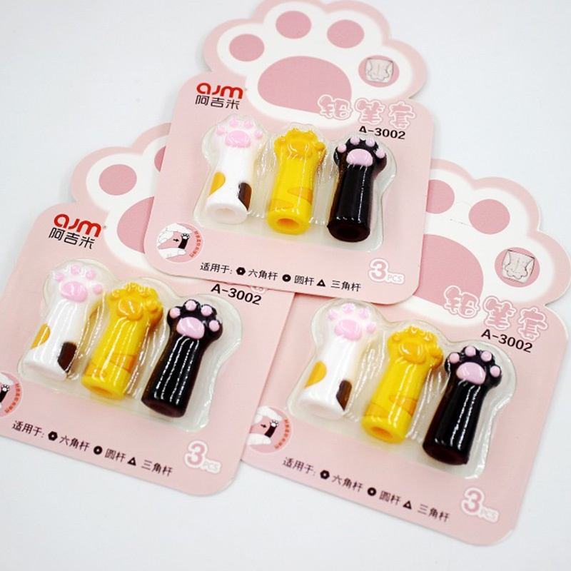 Bộ 3 Nắp Đậy Bút Chì/Bút Chì Mở Rộng Bằng Silicon Hình Chân Mèo Hoạt Hình Dễ Thương